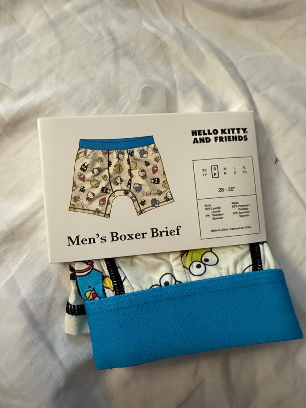 Sanrio Men’s Boxer Briefs with Blue Waistband and Cream Hello Kitty Print